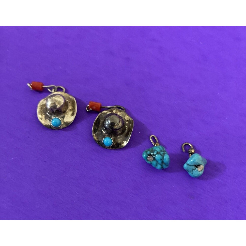 Vintage (Lot 4) Sterling Silver Turquoise Coral Cowboy Hat Charms Native Artisan